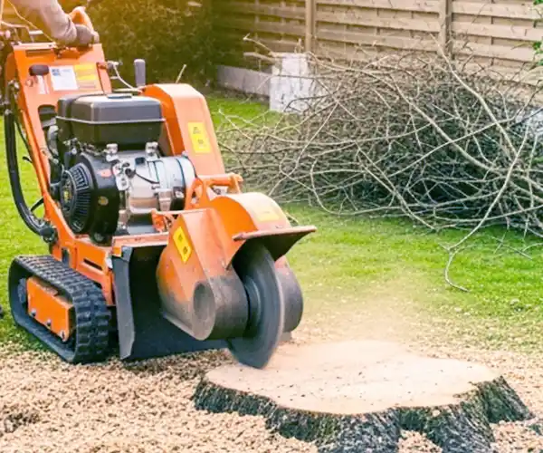 Une machine à broyer les souches d&#039;orangers en action, broyant une grosse souche d&#039;arbre sur une pelouse lors d&#039;un arasage de souche à Blois, avec un tas de branches et une clôture en bois à l&#039;arrière-plan.