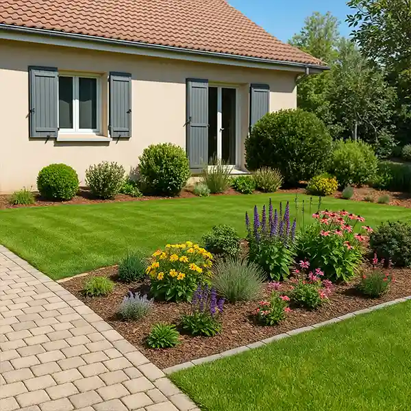 Une cour d'entrée soigneusement aménagée par le Paysagiste Blois comprend une pelouse soignée, un parterre de fleurs colorées, des arbustes verts et une maison beige avec des volets bleus et un toit en tuiles. Une allée en pierre longe le jardin.