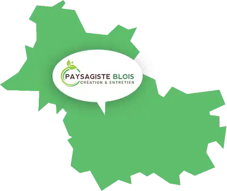 La carte du département du Loir et Cher avec une bulle blanche contenant le logo et le texte de l&#039;entreprise Paysagiste Blois Création &amp; Entretien signalant sa localisation à Blois.