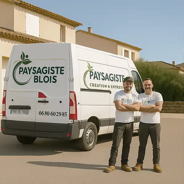 Deux hommes en uniformes assortis sourient, les bras croisés, devant une camionnette blanche étiquetée Paysagiste Blois Création &amp; Entretien, représentant une entreprise de paysagiste à Blois, garée dans une rue ensoleillée avec des maisons en arrière-plan.