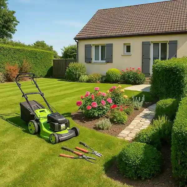 Une pelouse bien tondue, grâce à un expert en entretien de jardin, avec une tondeuse verte et des outils de jardinage, se trouve devant une maison beige aux volets gris. Des parterres de fleurs roses et des arbustes taillés bordent le chemin de pierre menant à la porte.