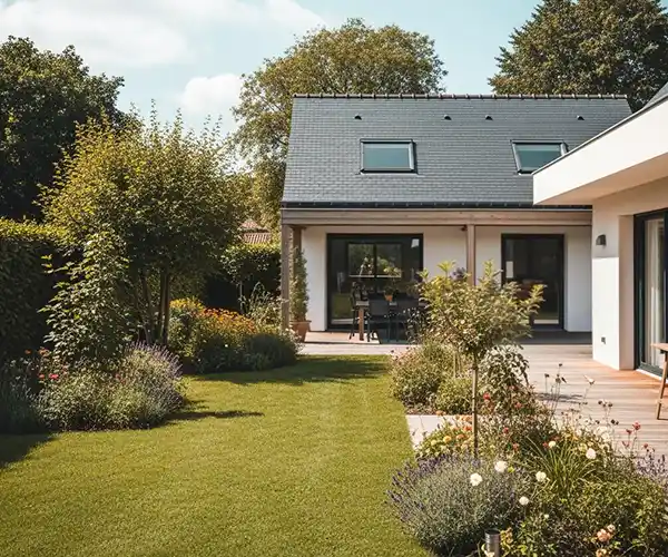 Une maison moderne avec un toit en pente et des puits de lumière se trouve à côté d&#039;un jardin luxuriant et bien entretenu - un exemple inspirant d&#039;entretien et d&#039;aménagement de jardin à Blois - rempli d&#039;herbe verte, de plantes à fleurs, d&#039;arbustes et d&#039;arbres lors d&#039;une journée ensoleillée.