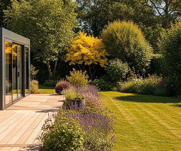 Un jardin moderne avec une terrasse en bois à côté d&#039;un bâtiment vitré, bordé de plantes luxuriantes et de lavande, donne sur une pelouse soigneusement tondue - grâce à un entretien paysager expert à Blois - et sur des arbres au feuillage jaune ensoleillé à l&#039;arrière-plan.