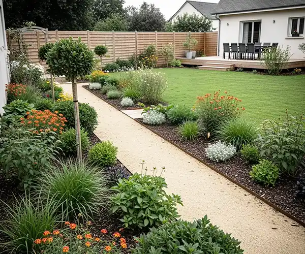 Un jardin d'ornement paysager comprend une allée en gravier, une pelouse verte, des parterres de fleurs éclatantes, des arbustes et un patio avec une table à manger à côté d'une maison blanche et d'une clôture en bois.