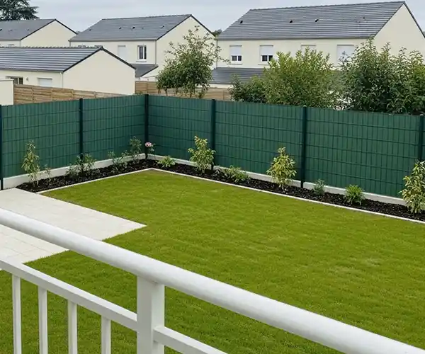 Une arrière-cour soigneusement aménagée avec une pelouse verte, de petites plantes le long de la clôture et un patio pavé avec Pose de cloture de jardin à Blois. Des panneaux d&#039;intimité verts et des maisons modernes sont visibles à l&#039;arrière-plan.