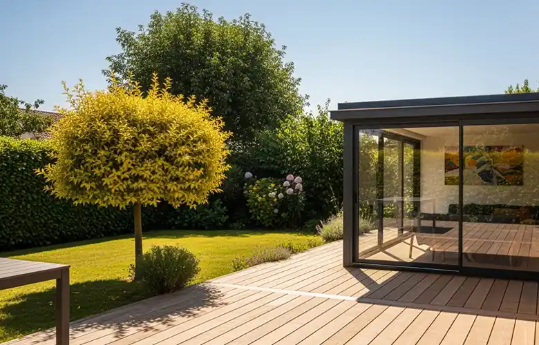 Une salle de jardin moderne en verre avec des portes coulissantes ouvertes donne sur une terrasse en bois ensoleillée, le type parfait de terrasse, et sur un jardin verdoyant avec un arbre taillé et une pelouse bien entretenue entourée de grandes haies.