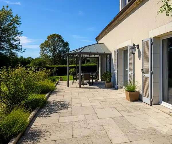Une spacieuse terrasse en pierre naturelle à Blois présente des plantes en pot et un belvédère en métal au-dessus d&#039;une table à manger, à côté d&#039;une maison de couleur crème aux volets ouverts. Une verdure luxuriante entoure cet espace extérieur accueillant lors d&#039;une journée ensoleillée.