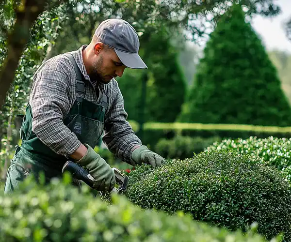 Un homme portant une casquette, des gants et une salopette utilise des taille-haies &eacute;lectriques pour fa&ccedil;onner un buisson dans un jardin bien entretenu, mettant en valeur le savoir-faire d'un paysagiste Vend&ocirc;me au milieu d'une verdure bien taill&eacute;e et d'arbres topiaires &agrave; l'arri&egrave;re-plan.