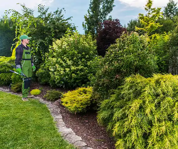Un paysagiste &agrave; Mont-pr&egrave;s-Chambord, v&ecirc;tu d'une salopette verte et d'une casquette, se tient sur une pelouse, un s&eacute;cateur &agrave; la main, admirant des buissons et des arbustes luxuriants et bien taill&eacute;s dans un jardin joliment am&eacute;nag&eacute; avec une bordure en pierre.